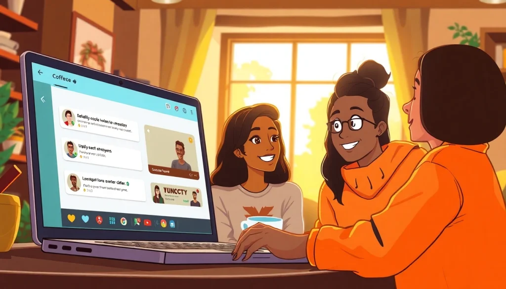 Engaging characters in anonymous conversations at a coffee shop, highlighting connection.