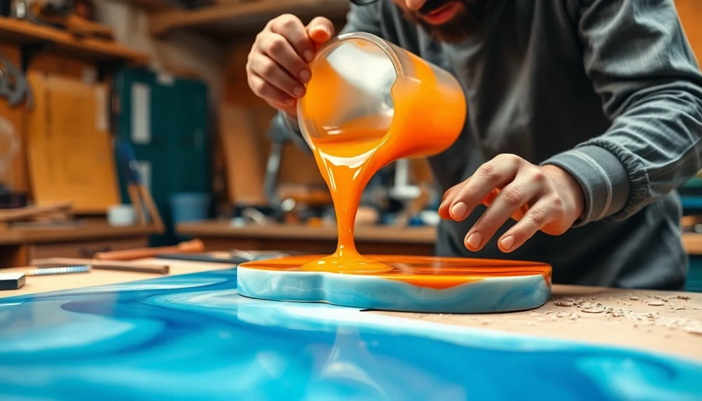 Applying laminating resin in a workshop with precision and detail.