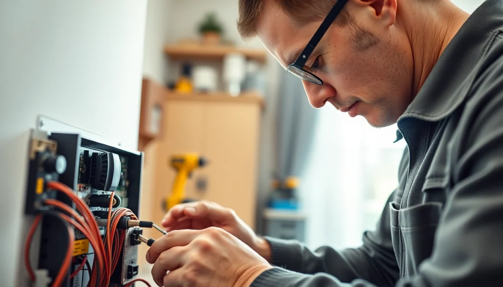 Electrician engaged in electrical repairs, showcasing precision and professionalism in a home setting.