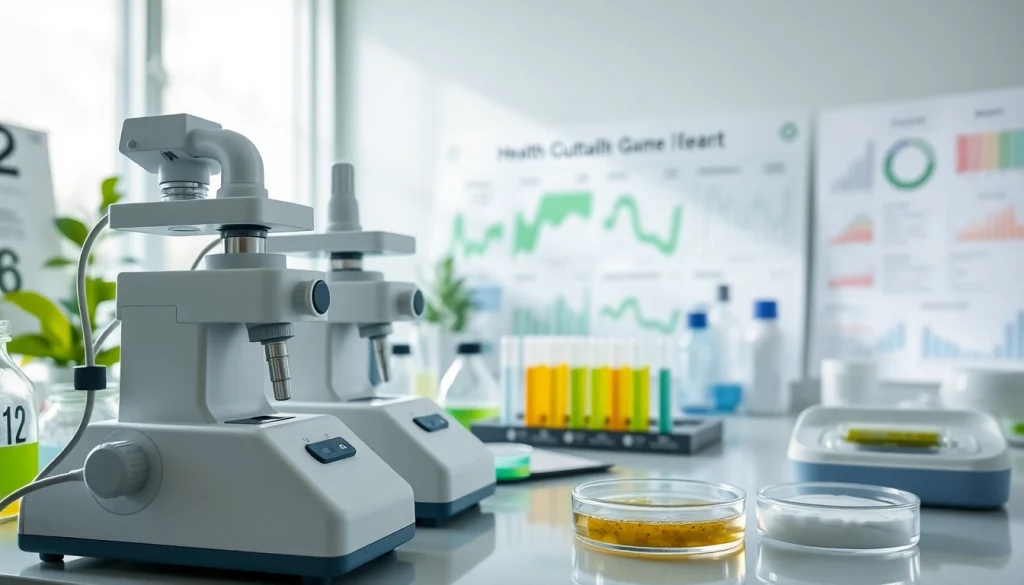 Engaging display of Gut Health Testing tools and analysis in a bright, professional lab setting.