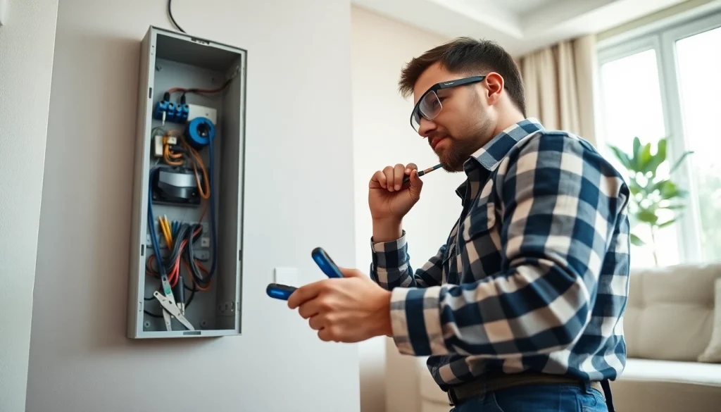 Electrician performing essential electrical service in a modern home environment.