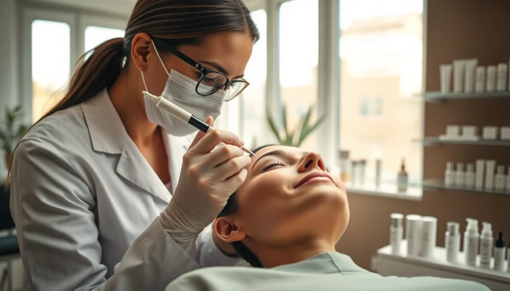 Administering face fillers in a modern clinic, showcasing the professional atmosphere.