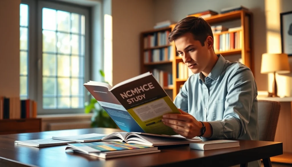 Focus on a student studying with the NCMHCE Study Guide in a well-lit environment, surrounded by resources.