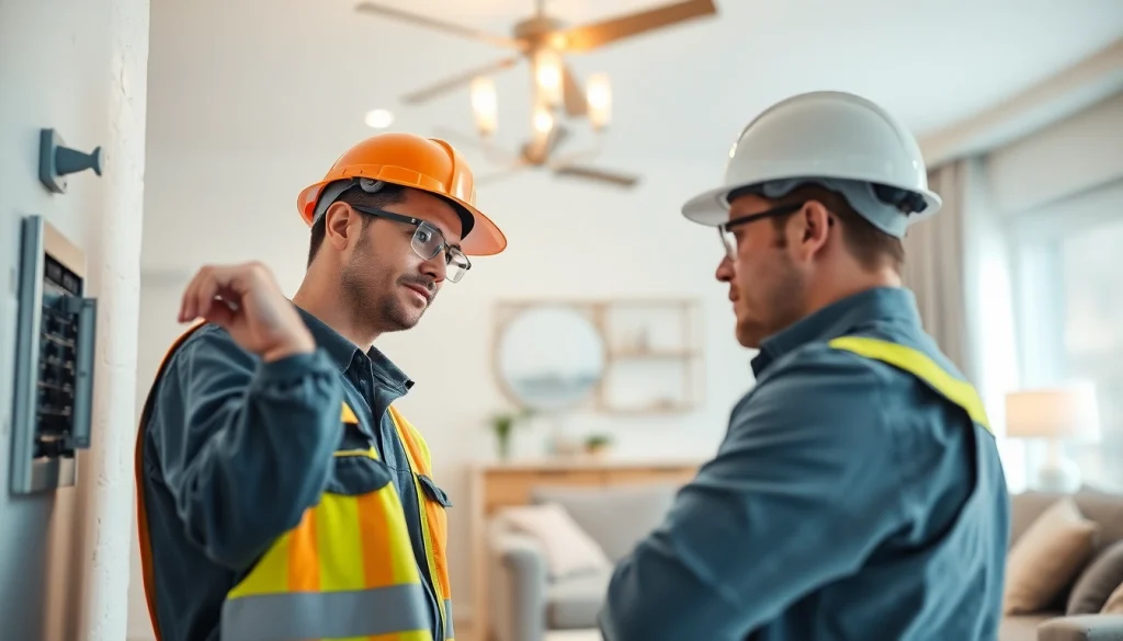 Skilled electrician providing electrical service in a bright, modern living room setting.