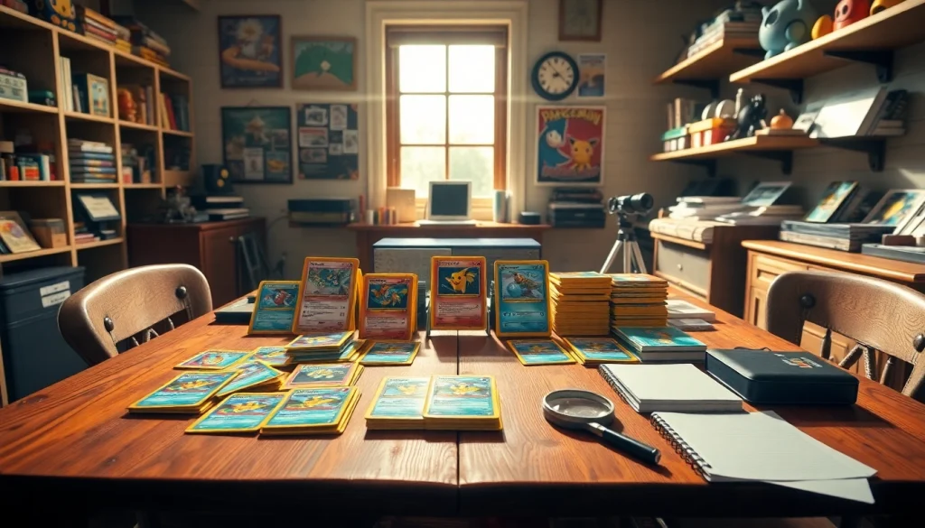 Showcase of Pokemon cards in India, featuring vibrant collectibles displayed on a wooden table.
