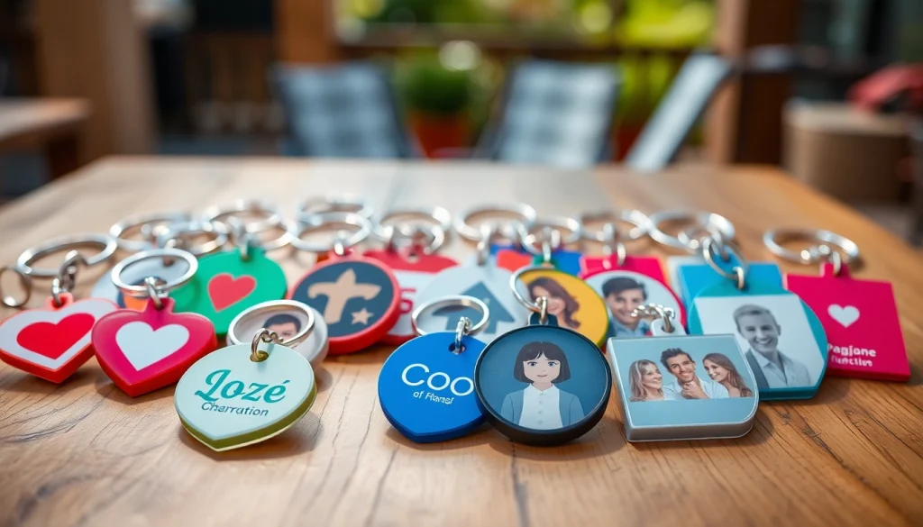 Showcase of customized keychains featuring unique designs and logos on a rustic wooden table.