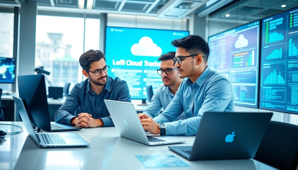Showcasing Cloud infrastructure and DevOps services, a team collaborates effectively in a tech-savvy workspace.