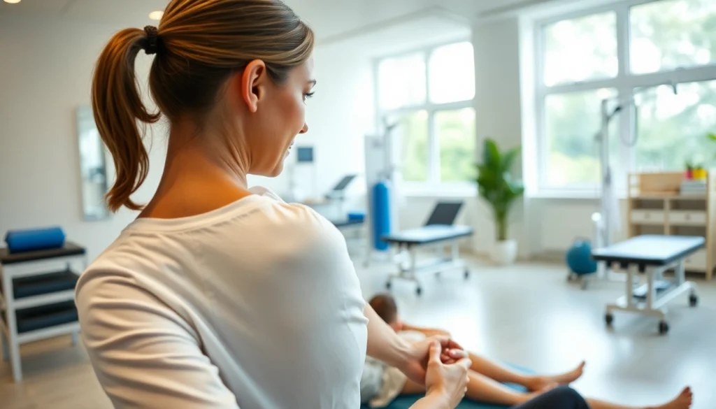 Therapist helping a patient with Rückenschmerzen in a bright clinic.