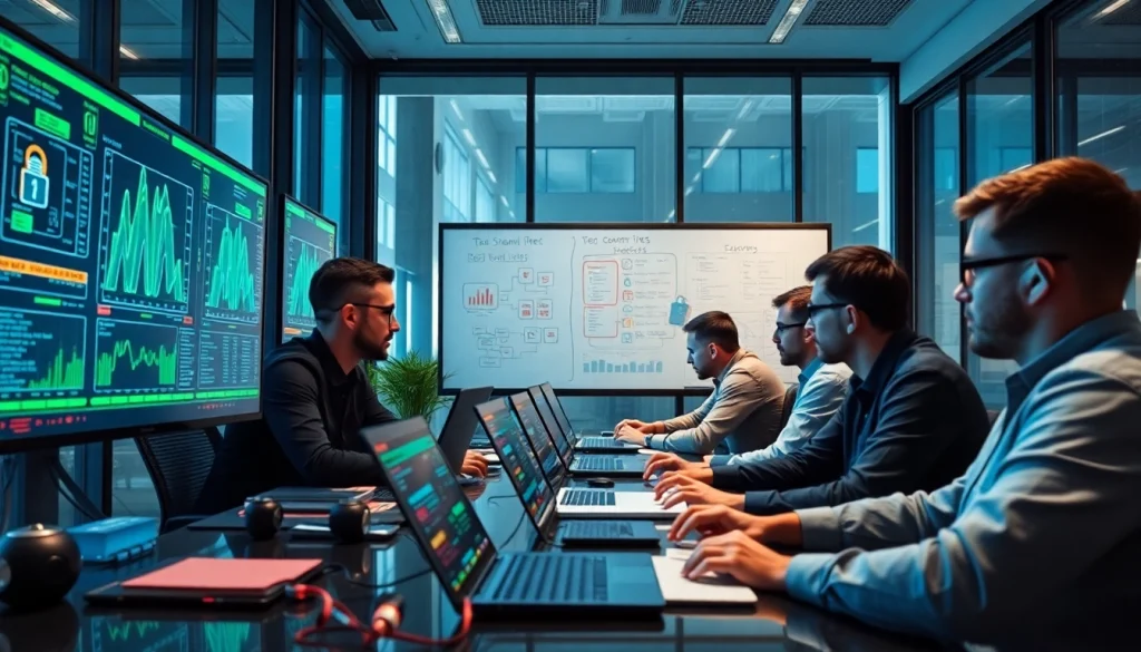 Aktives red teaming von Cybersicherheitsexperten in modernen Büroräumen mit strategischen Analysen.