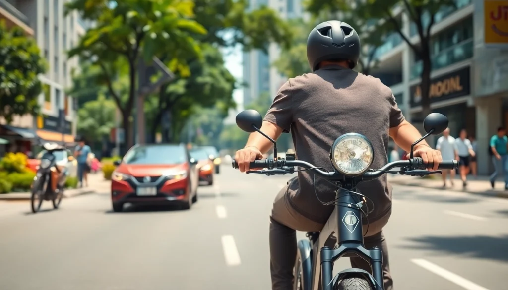 Rider enjoying ebike Singapore experience against vibrant urban backdrop.