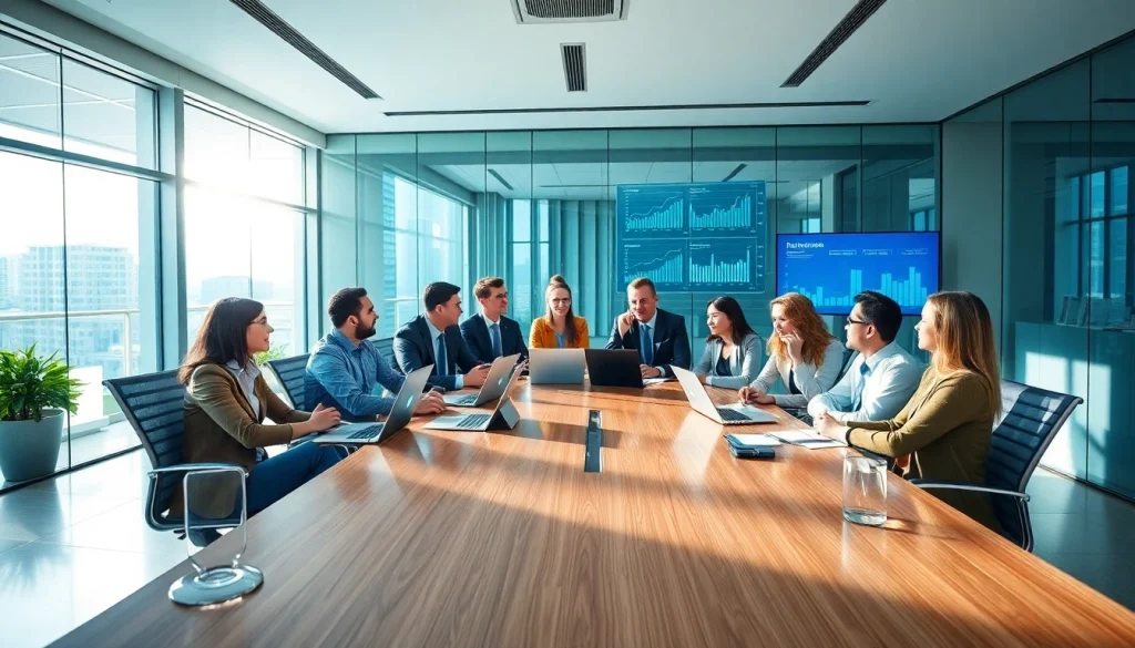 Collaborative team discussion at http://Avtales.com in a sleek modern office setting.