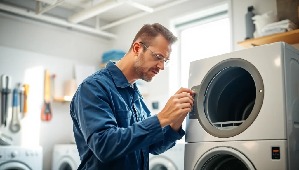 Expert conducting washer repair in a bright laundry room with tools, focused on efficient service.