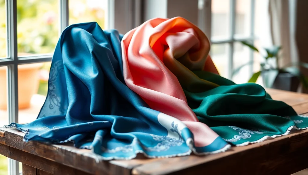 Fashionable scarves crafted from silk displayed beautifully on a wooden table.