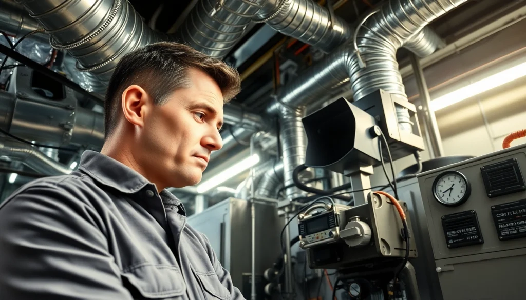 HVAC duct leakage testing technician analyzing equipment for efficient airflow solutions.