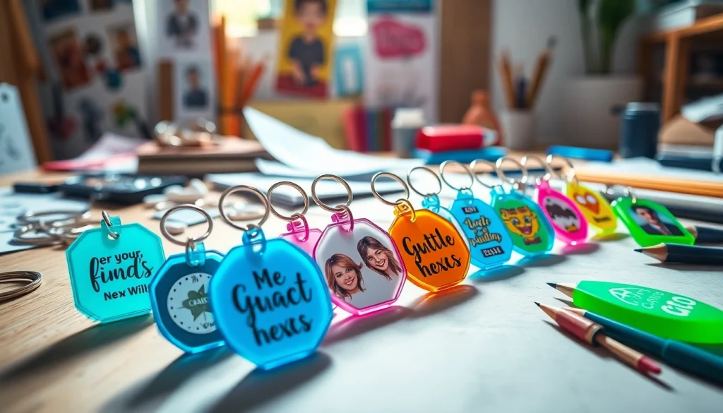 Customize your acrylic keychain custom with vibrant designs showcased in an artistic workspace.