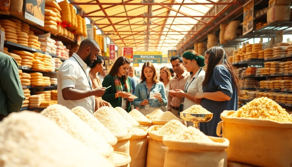 Sugar buyers engaging with suppliers in a vibrant marketplace filled with sugar products.