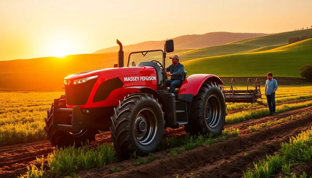 Massey Ferguson Traktor bei der Arbeit in einem fruchtbaren Feld unter dem Sonnenuntergang.