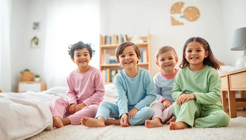 Children joyfully playing in colorful Bamboo kids pajamas, showcasing comfort and softness.