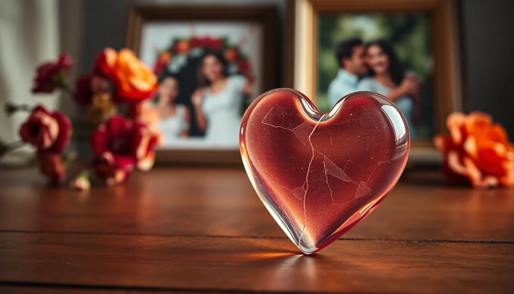 Symbolizing the emotional turmoil of a relationship breakup, a cracked glass heart rests on a table.