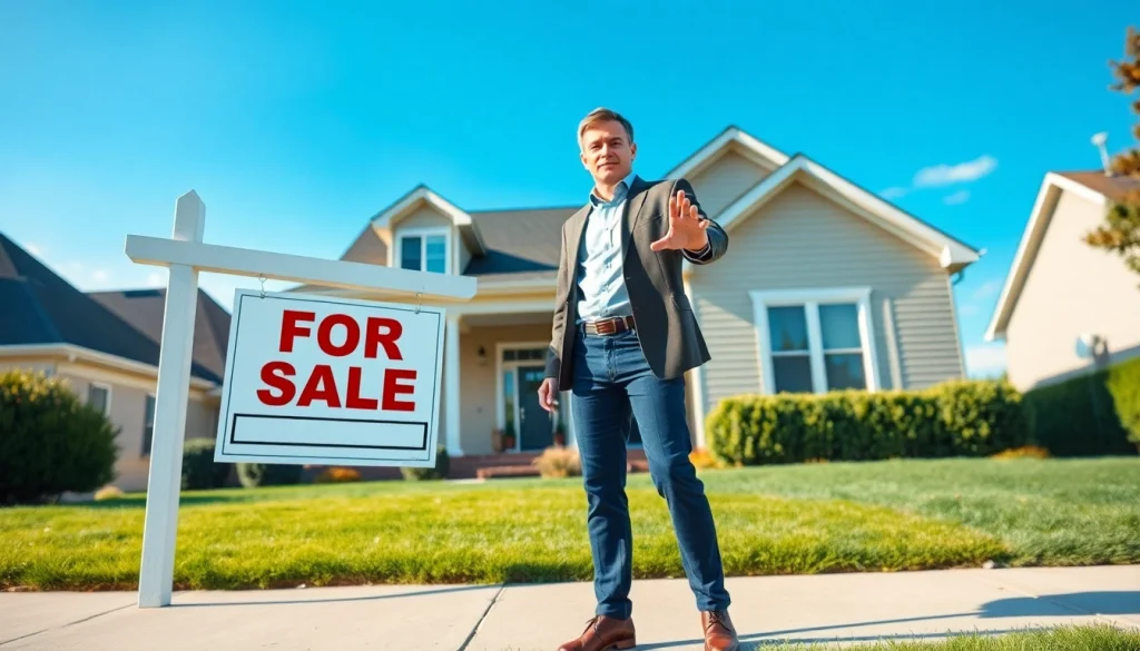 I want to sell my house urgently with a determined homeowner in front of a 'For Sale' sign.
