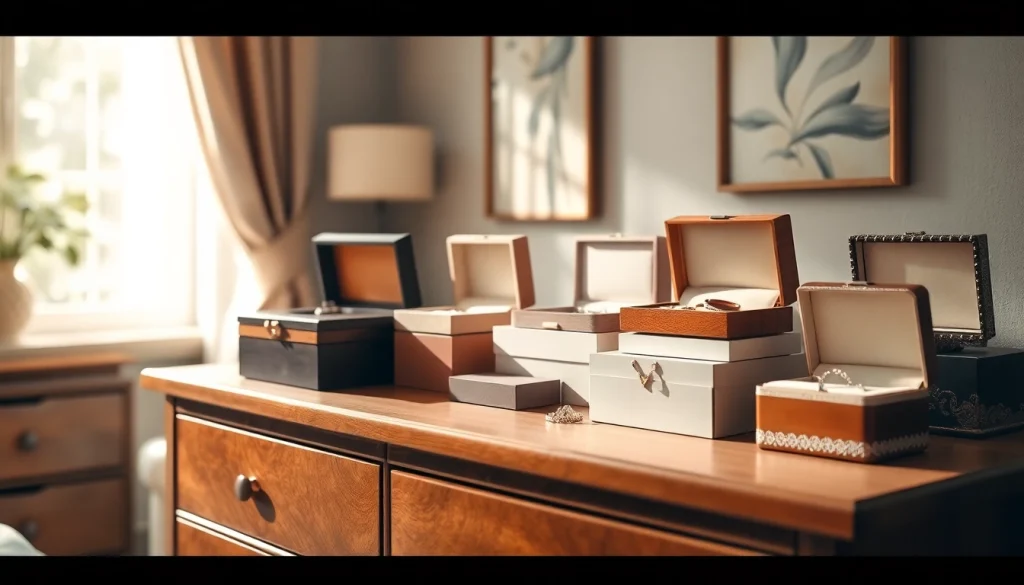 Exquisite jewelry boxes displayed artfully on a wooden dresser, featuring various elegant designs.