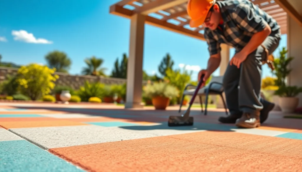 Applying Patio Coatings with precision in a vibrant outdoor setting showcasing modern designs.