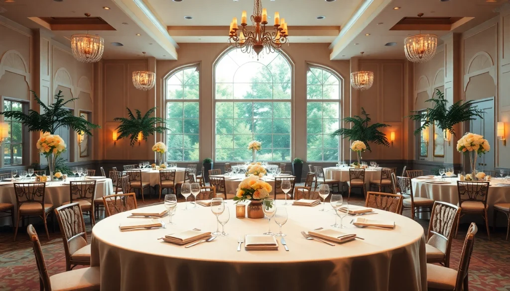 Set up for an event at the trenton event center with elegant tables and soft lighting.