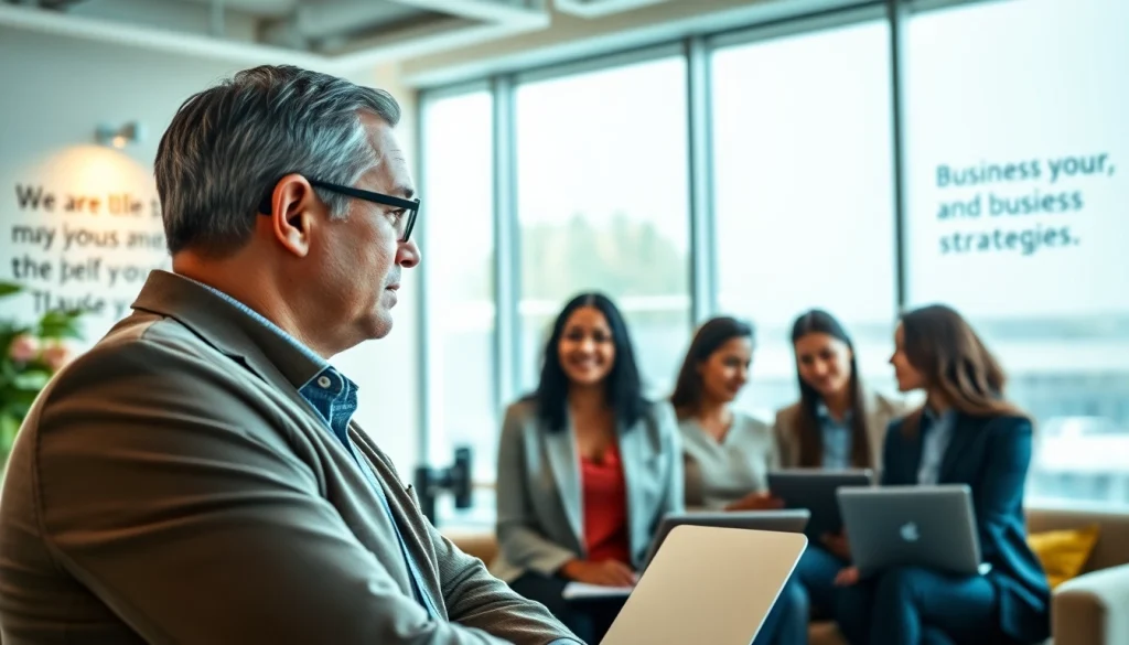 Engaged business coach los Angeles mentoring diverse clients in a modern office setting.