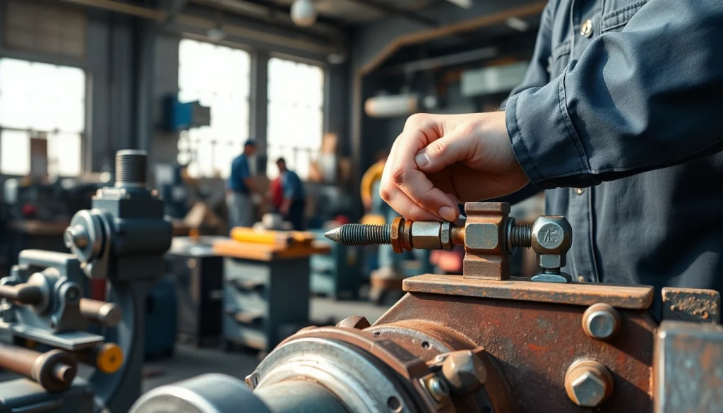 Fasten von Bolzen und Schrauben in einer industriellen Umgebung mit einem Handwerker.