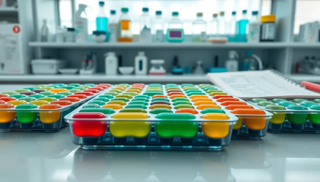 Showcasing Softgel Trays filled with colorful capsules in a professional lab setting.