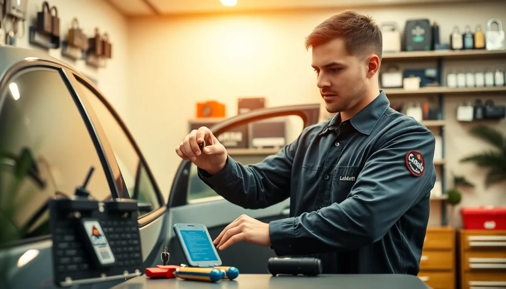 Skilled technician demonstrating Carballo Locksmith services with professional tools and security devices.