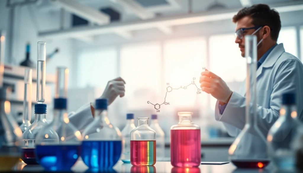 Scientists engaging in cbd synthetic research within a modern laboratory.
