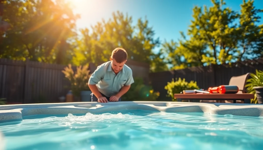 Hot Tub Repairs showcased by a technician in a tranquil backyard, emphasizing quality service and expertise.