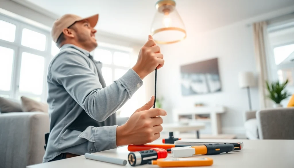 Electrician providing expert Electrical Service installation in a bright modern home setting.