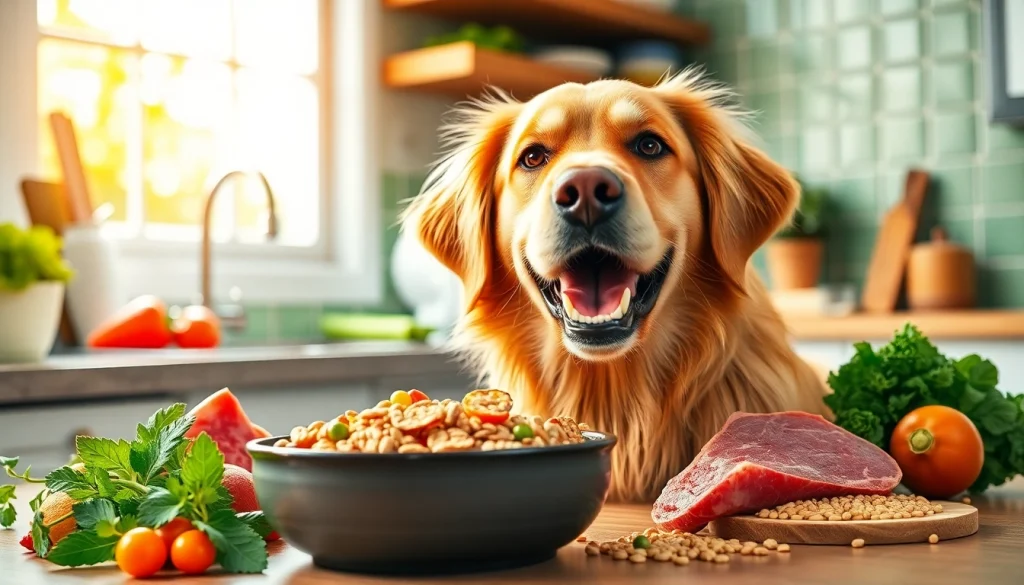 Dog delighting in badlands ranch superfood complete in a bright, inviting kitchen setting.