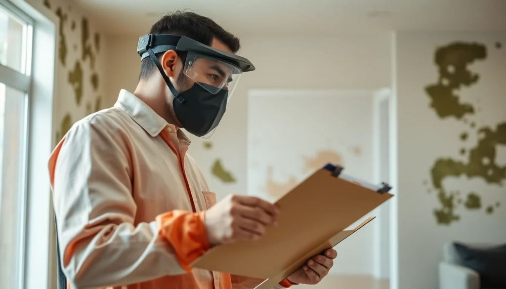 Mold Remediation technician inspecting mold in a residential area with protective gear.