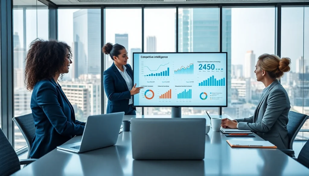 Collaborating team analyzing competitive intelligence data in a modern office environment.