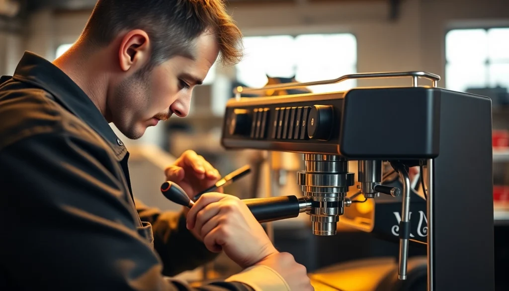 Technician providing Cimbali teknik servis by inspecting an espresso machine, showcasing expertise.