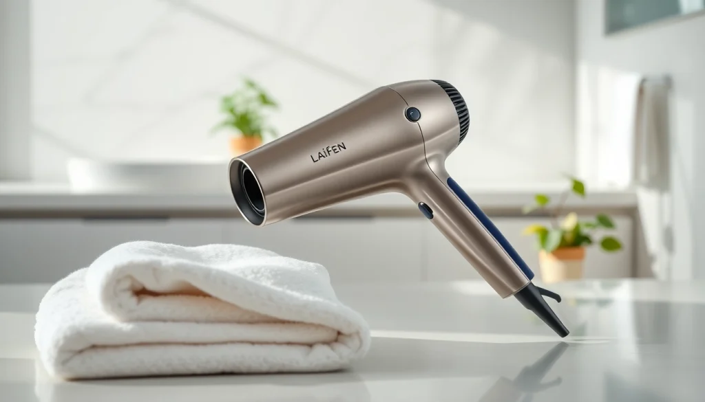 Use Laifen hair dryer on a bathroom countertop with towels and plants, highlighting elegance and modern design.