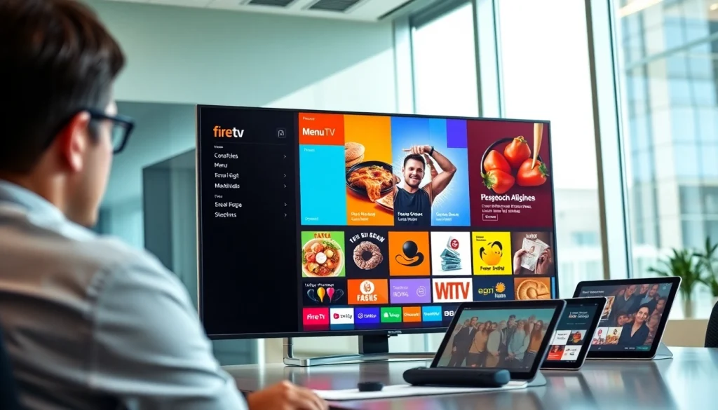 Showcasing Fire TV digital signage app on a vibrant screen in a modern office setting.