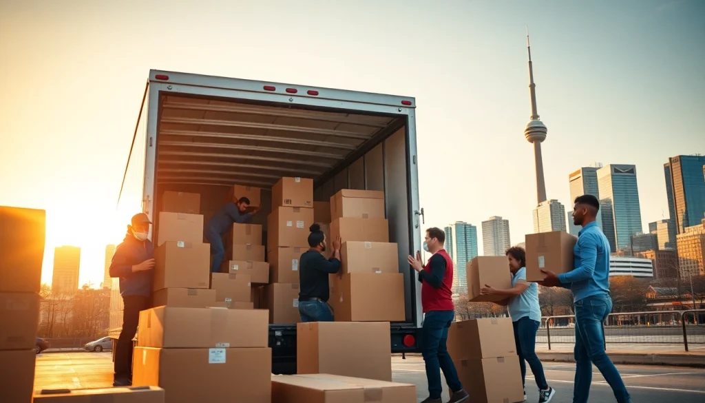 Showcase of moving companies in Toronto Ontario loading boxes into a truck in vibrant urban setting.