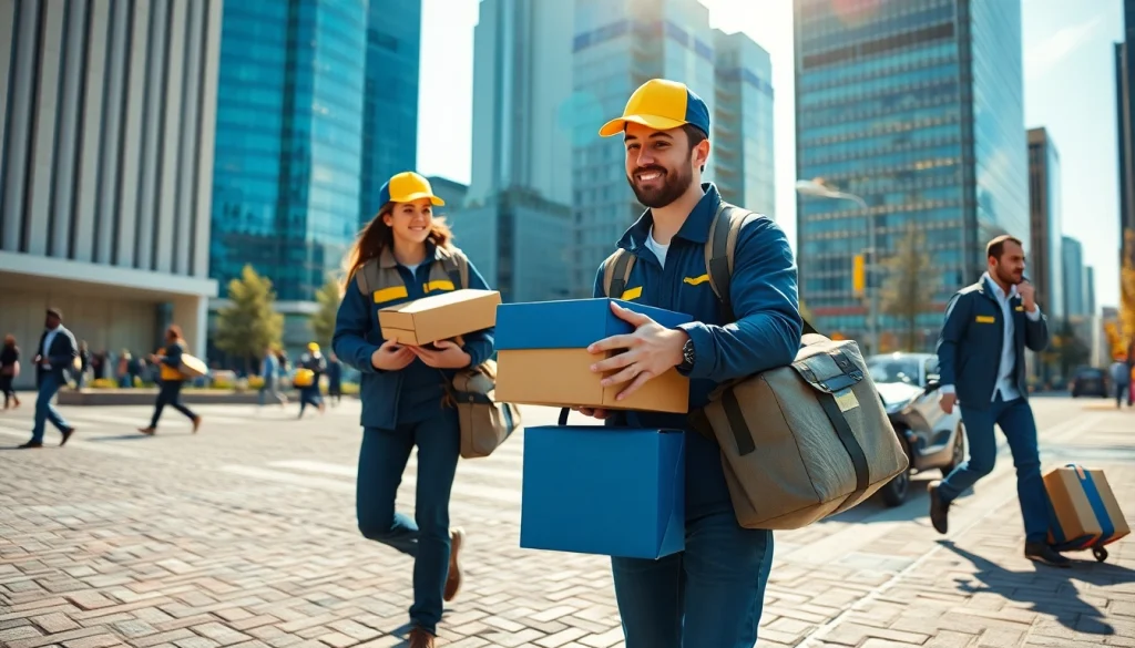 Delivering same day courier packages with energetic city backdrop and professional logistics.