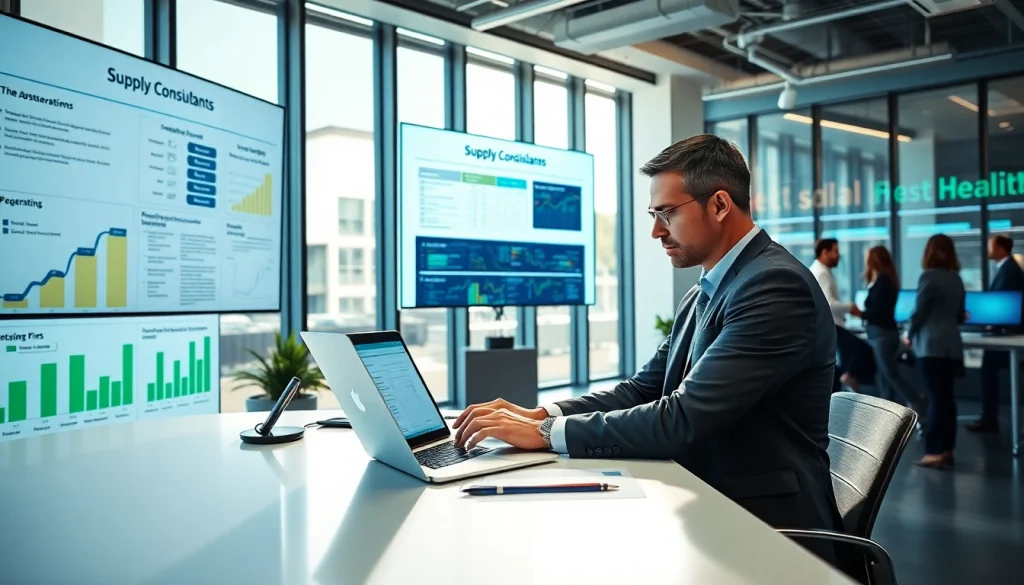 Purchasing consultant analyzing supply chain data in a modern office setting.