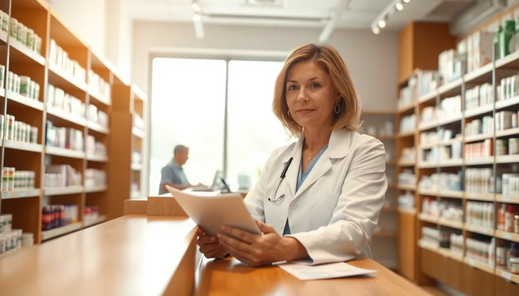 Find where can i buy xanax online with a pharmacist assisting a customer in a bright pharmacy.
