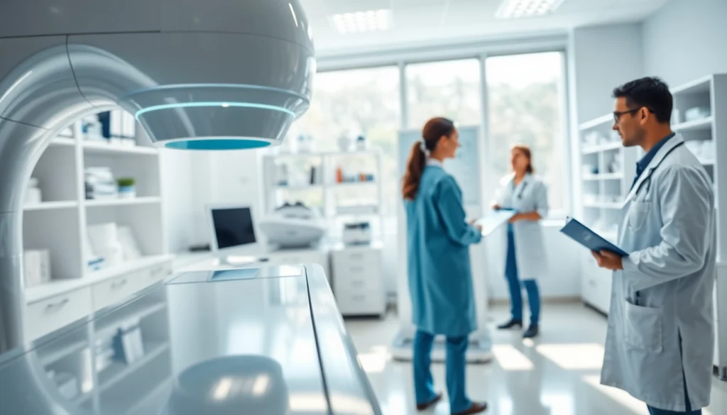 Engaging setup of medical parker imaging equipment in a bright clinic environment.