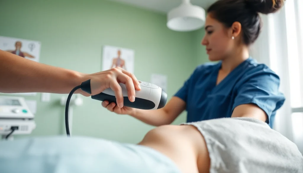 Delivering shockwave therapy to relieve pain and enhance healing in a professional setting.