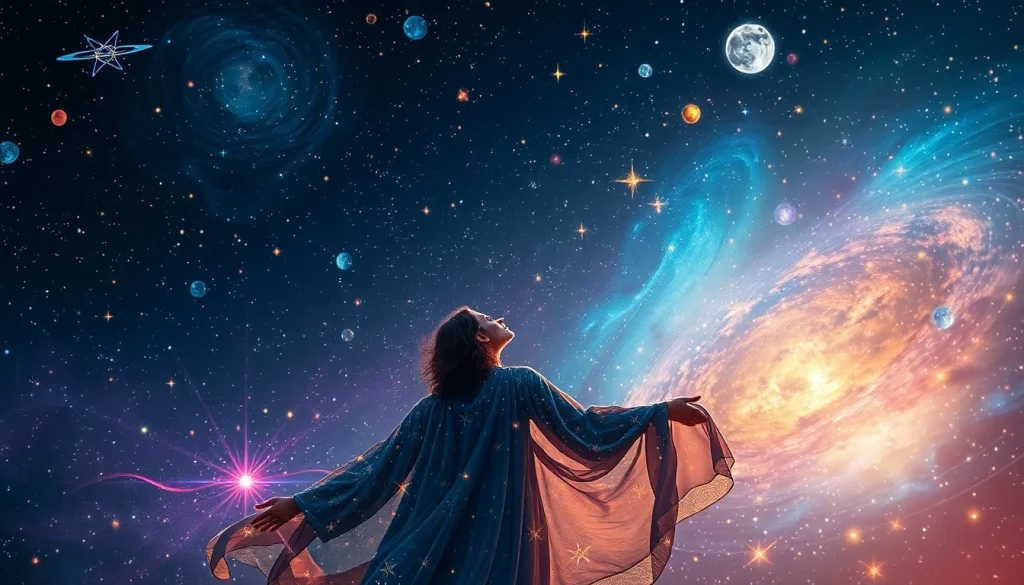 Erhalte personalisierte Horoskope mit einem faszinierenden Blick auf das Universum und einem Meditierenden.