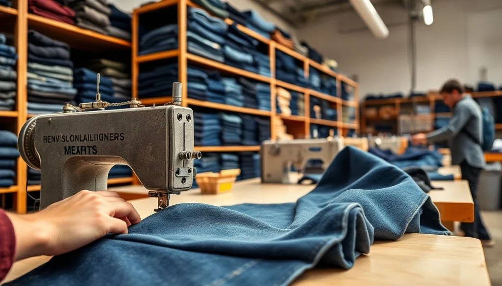 Jeans garment manufacturers expertly crafting denim in a vibrant workshop environment.