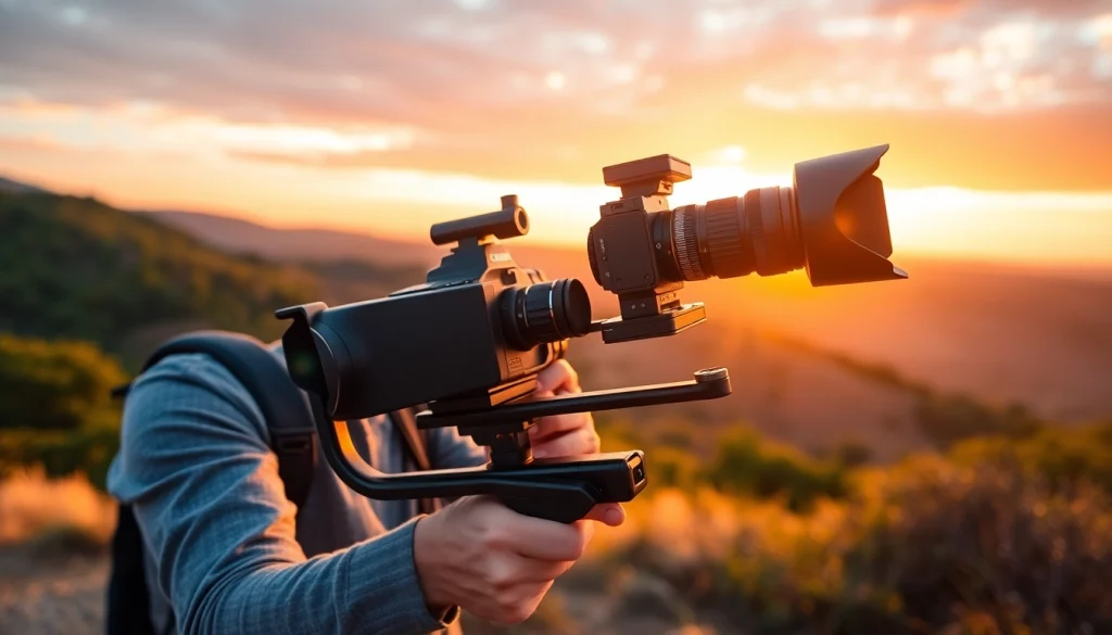 Capture smooth footage with a professional Camera Stabilizer in a vibrant sunset landscape.
