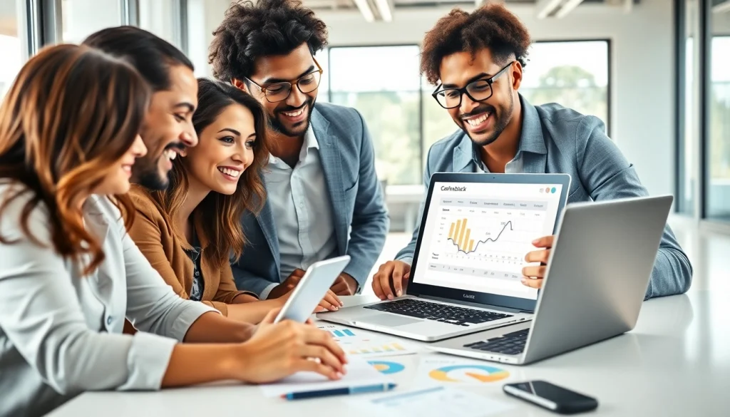 Engaged team conducting cashback comparison analysis in a modern workspace.